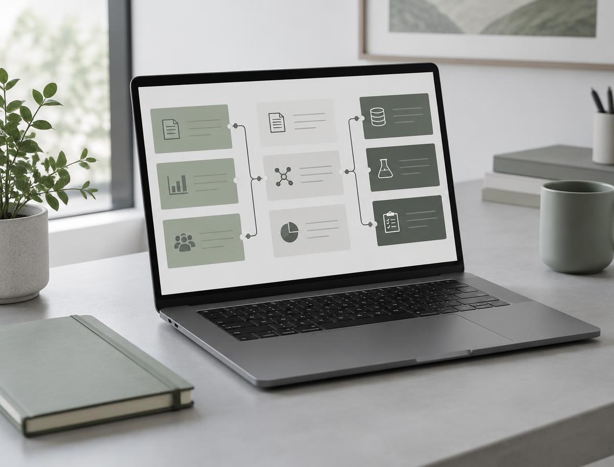 Illustrative connected scientific information interface on a laptop